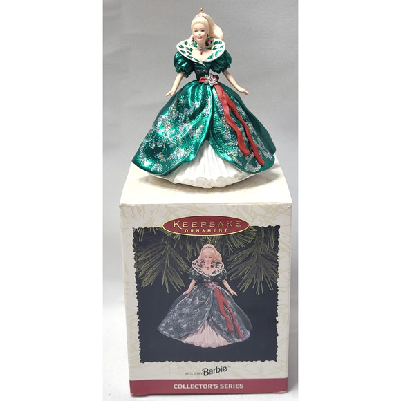 Vintage 1995 Hallmark Keepsake Ornament Holiday Barbie Green Gold Dust Dress - Picture 1 of 6